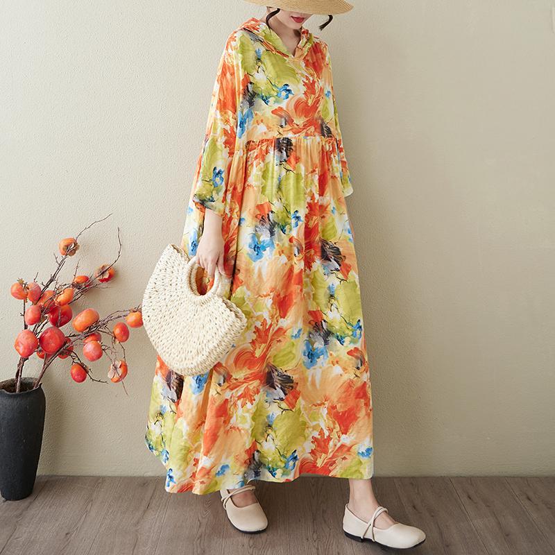 

Dimanaf 2025 Плюс Размер Лето Женщин Базовое Платье Цветочный Принт Винтаж Повседневный Свободный Капюшон Длинное Платье Макси One Size жёлтый