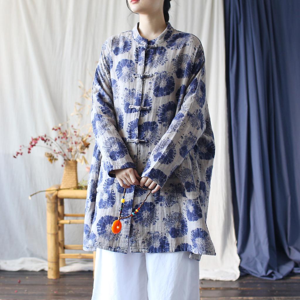 Johnature Women Vintage Bat Sleeve Print Floral Stand Coats Chinese Style Cloths Spring Loose Coats