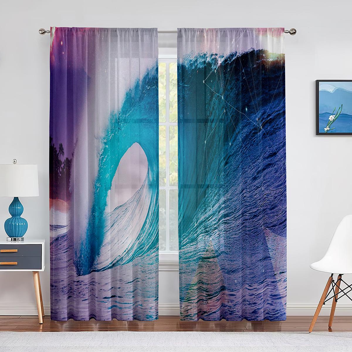 Oceaan Zeewater Zomer Tropisch Surfen Golven Transparante Gordijnen voor Woonkamer Slaapkamer Decor Raam Chiffon Voiles Tule Gordijn 1 PCS W100XH250cm&Grommet Top
