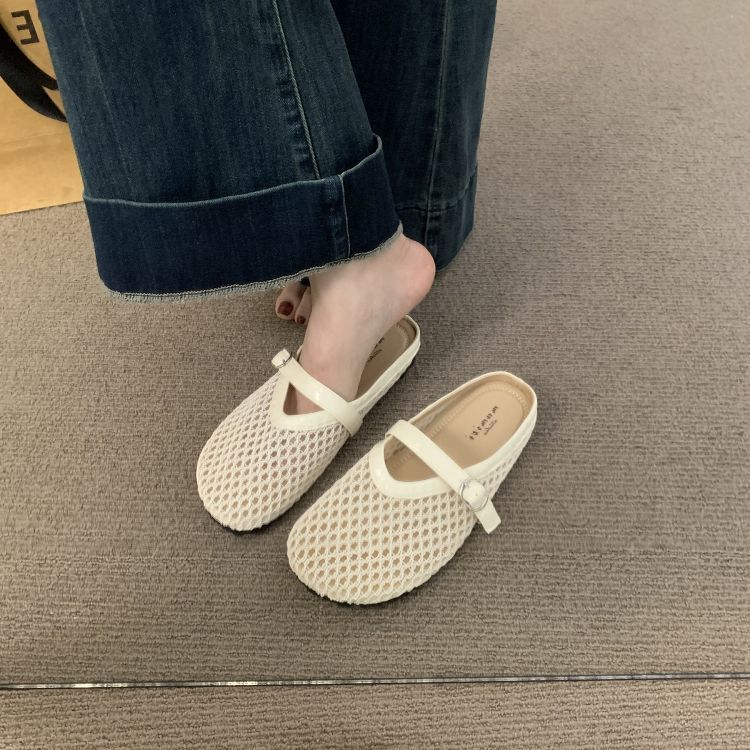Cool summer niche woven mesh breathable flat bottom bag head half support shoes women's 2025 new one-pedal sandals