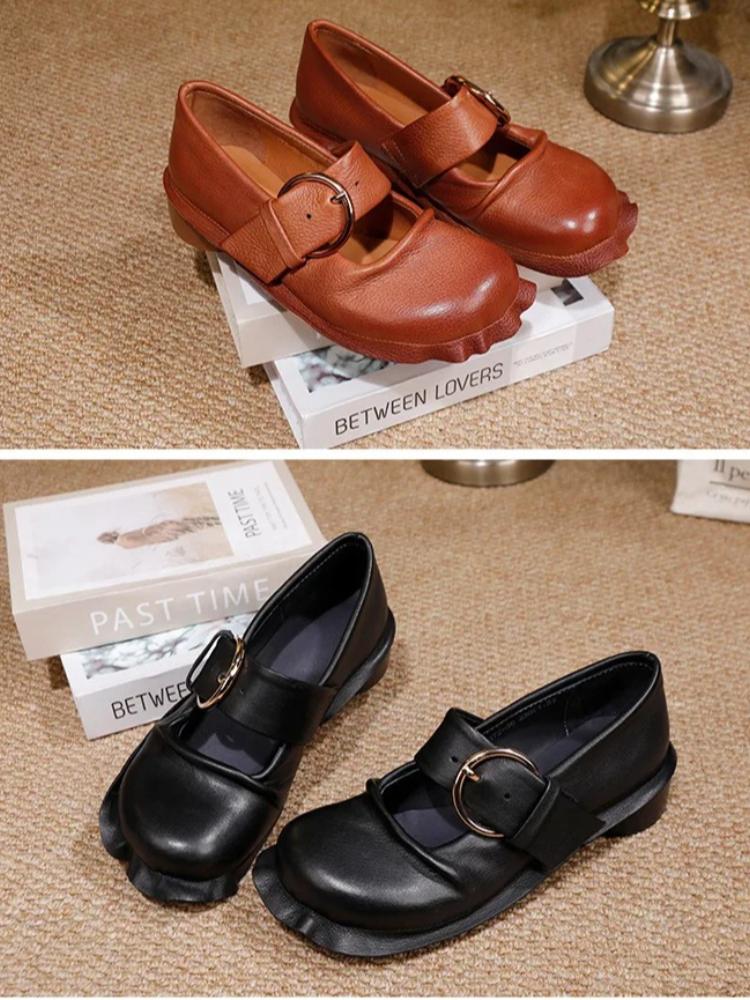 Johnature Retro Lace Thick Heeled Soft Soled Shoes Genuine Leather Women's Mid Heel Pumps