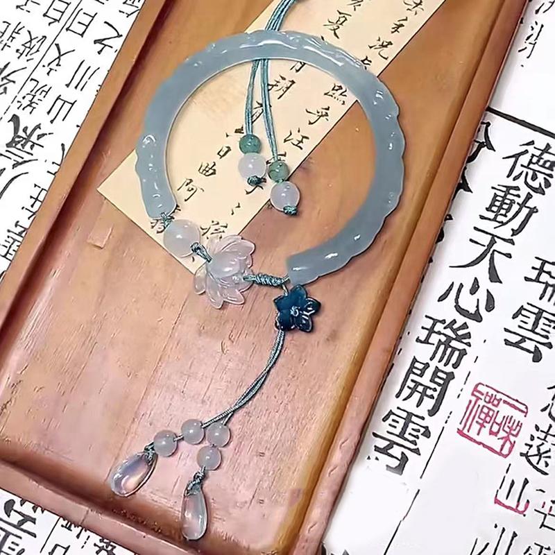 Chinese Antique Style Imitation Jade Lotus Bangle Chinese Style Tassel High-End Bamboo Bracelet Collection Jewelry Gift Femme