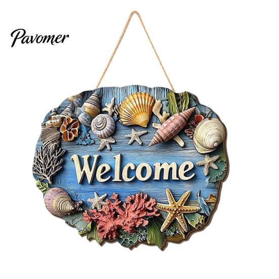Patio Welcome Plaque Summer Coastal Wooden Wreath, Ocean Sign, Starfish Shell Nautical Hanging Sign Front Door Hanger for Porch, Indoor, Outdoor, Wall