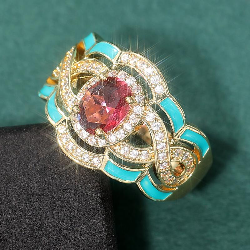 Luxury Vintage Inlaid Oval Red Synthetic Zirconia Wedding Bands Golden Plated Women Promise Engagement Ring Jewelry Accessories