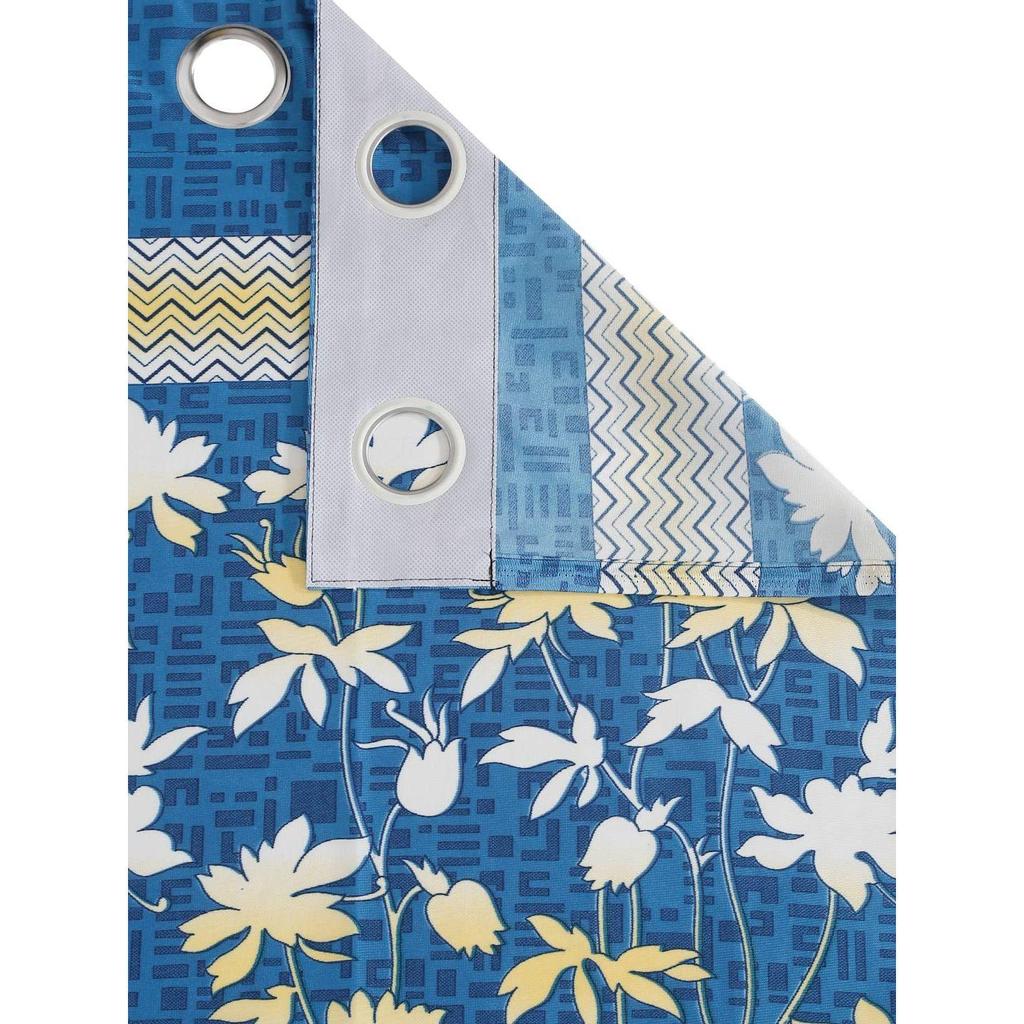 2 Piece Flower Border Panel Eyelet Polyester Window Curtains - Blue