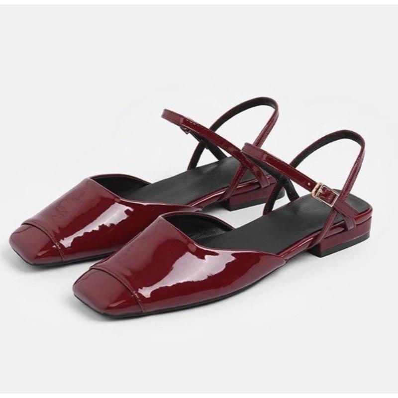 Fashion Square Toe Japanned Leather Mary Janes Shoes Woman Designer Slingback Summer Shoes Patchwork Leather Flats Women Work Shoes