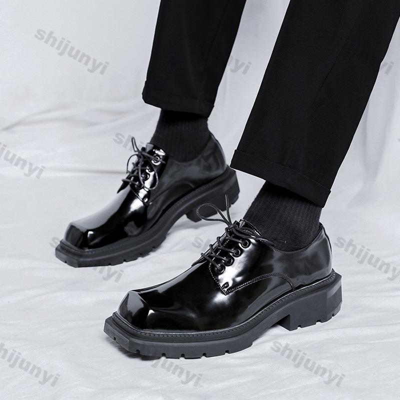 Fashion Men's Leather Shoes 2025 Spring Autumn Platform Height Increase Square Toe Loafers Fashion Cross Tied Comfortable Casual Shoes