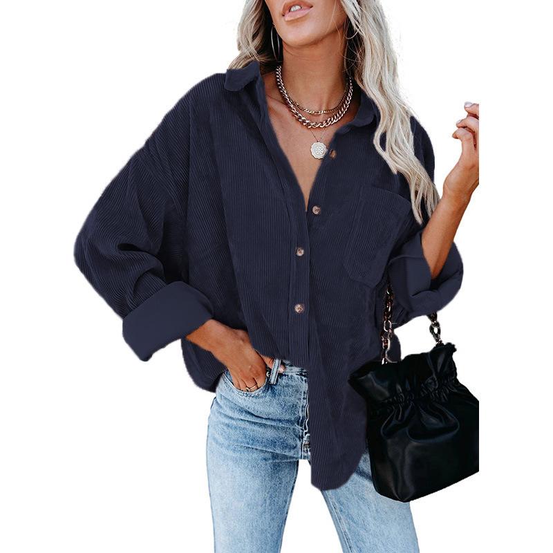 Damer Casual Manchestervårdblus Randig Damer Skjortjacka Vintage Knapp Ficka Lös Mode Blusar Toppar Plus Size