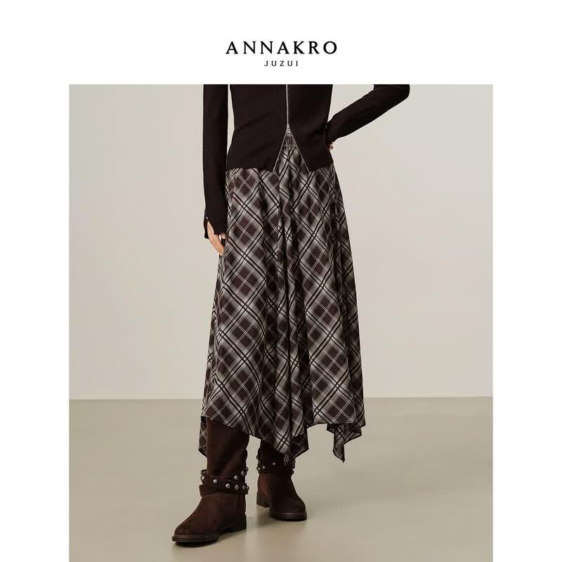 JUZUI ANNACAU Women s Retro Plaid Irregular Hem Midi Skirt L