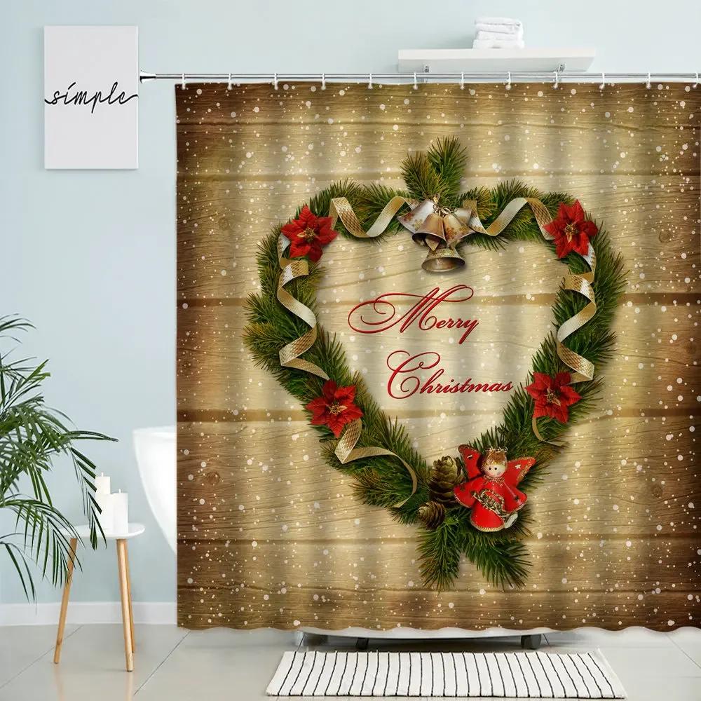 Rideau de douche Rétro Noël Nouvel An Vieille Planche de Bois Sapin de Noël Voiture Guirlande Flocon de Neige Décor de Salle de Bain Maison de Campagne