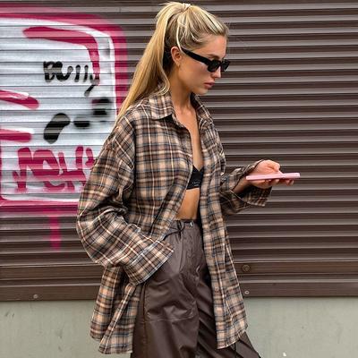 Spring Autumn Vintage Plaid Loose Single Breasted Checkered Shirt Women's Long Sleeve Blouse Casual Shirt