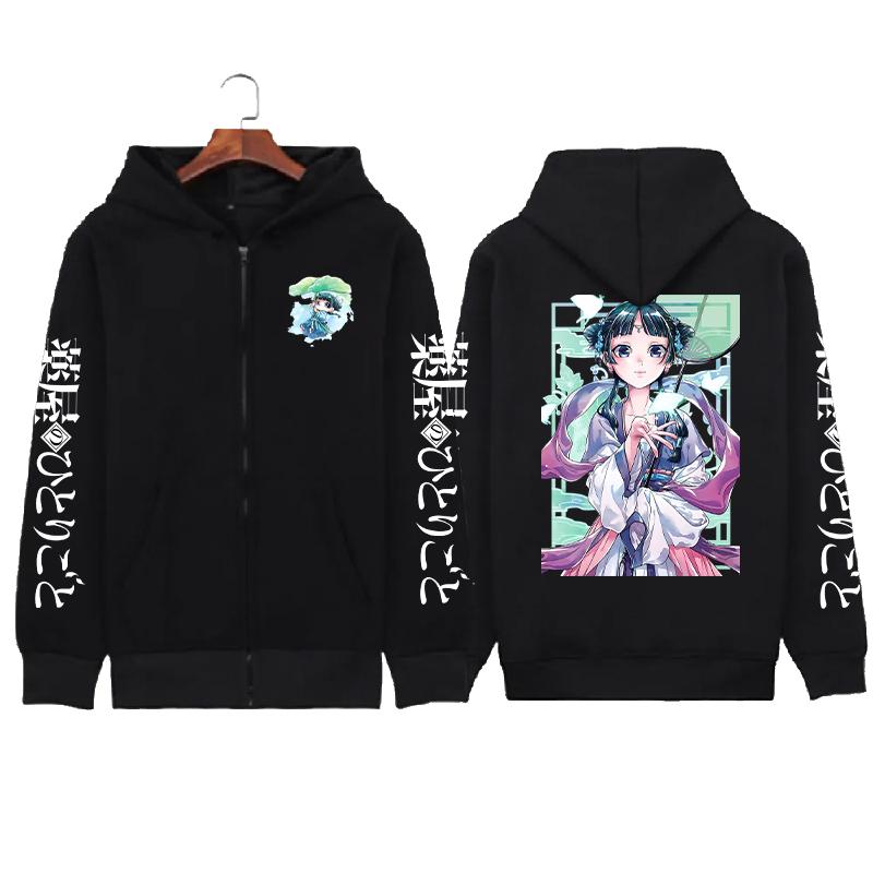 

Горячее Аниме Дневники аптекаря Маомао Каваи Принт Толстовки с капюшоном для мужчин и женщин Высококачественные Толстовки Манга Куртка на молнии Харадзюку Свитшот XS（old） чёрный