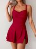 Costume da bagno intero a pieghe nero solido da donna taglia grande costume da bagno con scollo all'americana gonna con pieghe controllo pancia sottile Monokini 2025