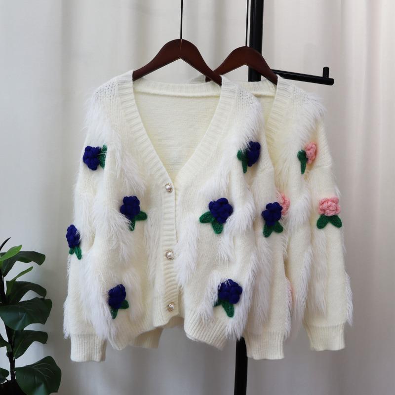 Imitation Mink Fleece Sweater Jacket Women's Autumn and Winter New Loose Three-dimensional Flower Soft Waxy Gentle Wind Knitted Cardigan