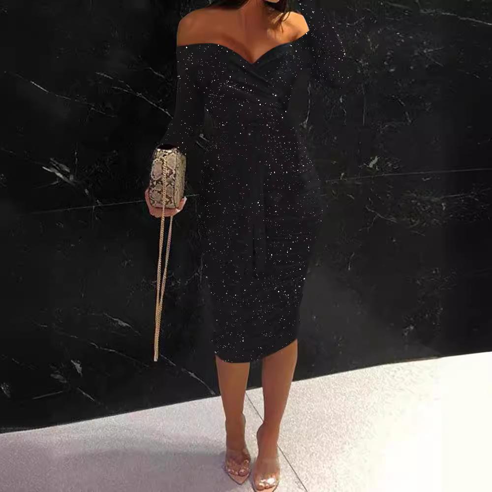 Women's new slim-fit hip-wrap skirt one-word shoulder long-sleeved sequined banquet party skirt