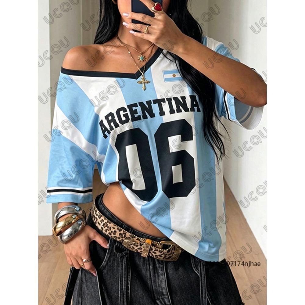 Summer New Stripe Argentina No.7 Print T-Shirt For Women Short Sleeve V-Neck Sports Tees Football Jersey Y2K Loose Oversized Top