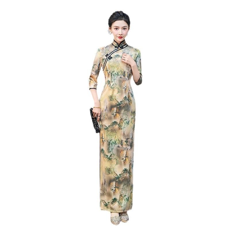 Guofeng improved cheongsam dress, new dignified catwalk Hanfu seven-quarter-sleeved long slim-fitting performance clothes