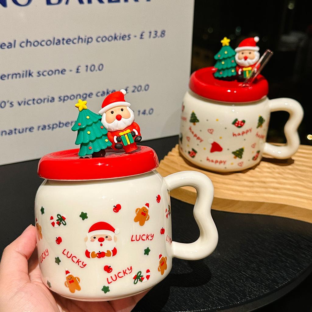 Cute Cartoon Santa Claus Ceramic Mug with Lid High Looking Straw Cup Christmas Gift Souvenir