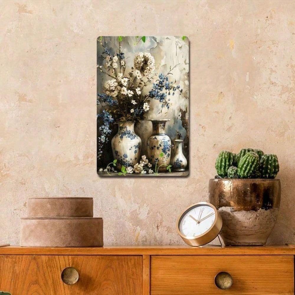 Vintage Floral Vase Metal Poster, Wall Art Painting for Living Room