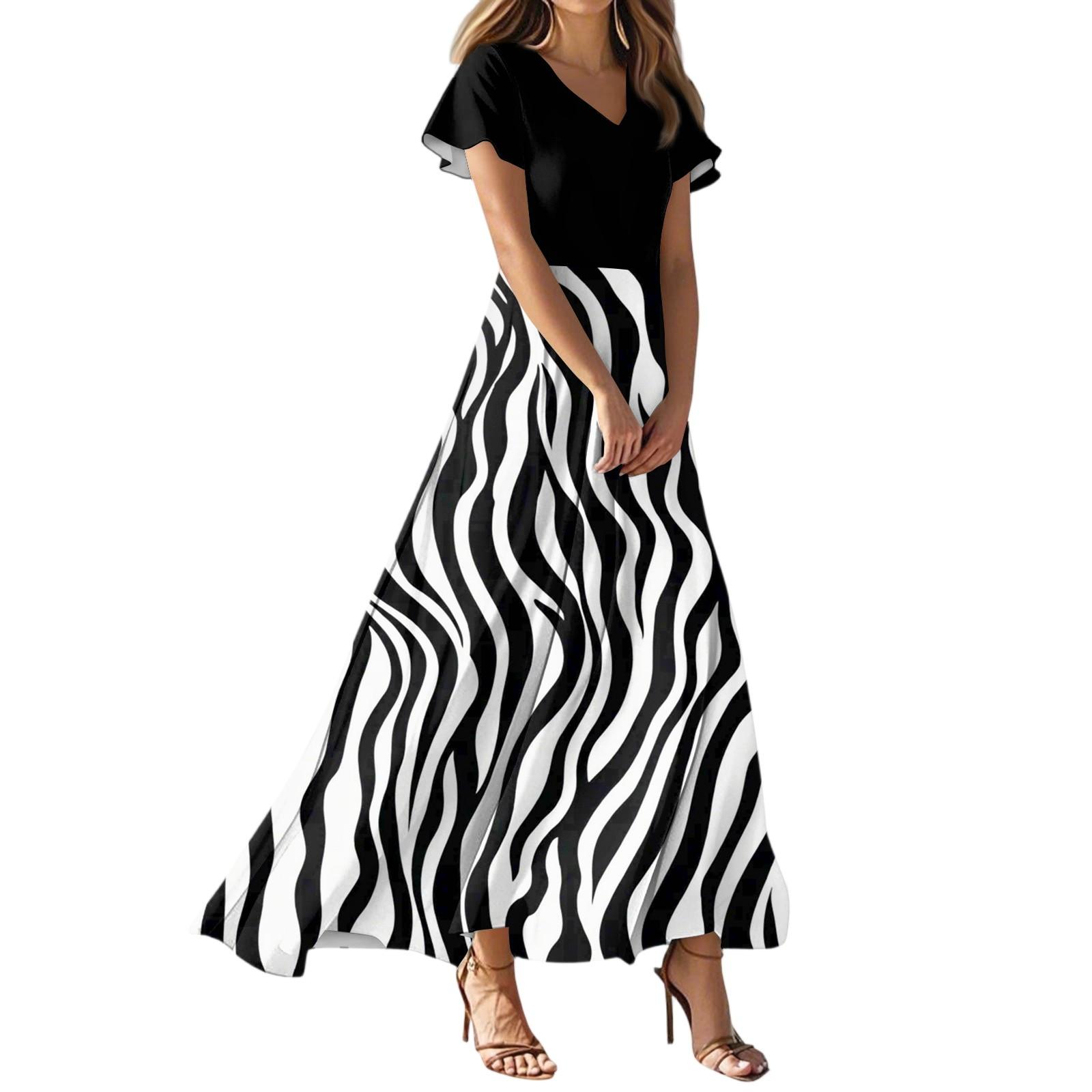 Women s Summer Casual Fashion Striped Printed Dress V Neck Short Sleeve Dress L