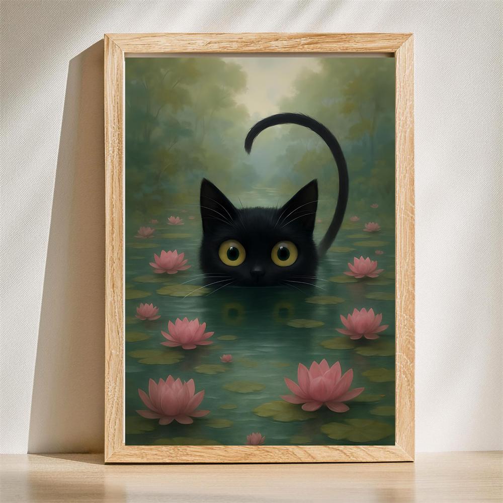 Monet Inspired Cat Art Print Whimsical Water Lilies Canvas Painting Poster Monet Waterlily Cat Art Print Canvas Painting Decor 21X30CMNo Framed