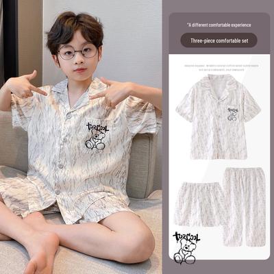 Boys' Ice Silk Pajama Set: Cool Touch, Short Sleeve, Lapel - 2026 Casual Homewear, 3-Piece Cute Design