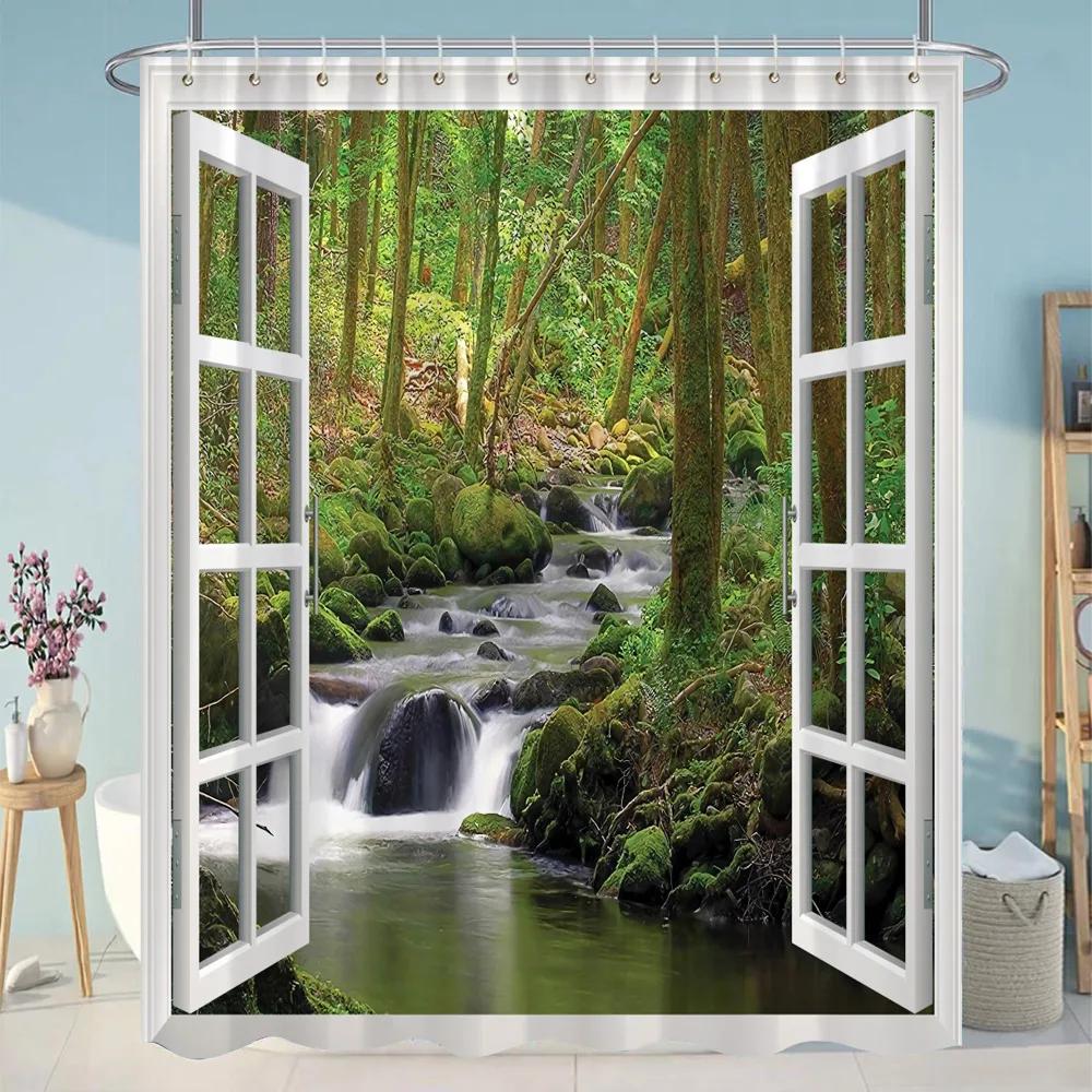 Simulation Window Beach Forest Outdoor Shower Curtain Tropical Seaside Landscape Bohemian Cloth Hanging Curtains Bathroom Decor