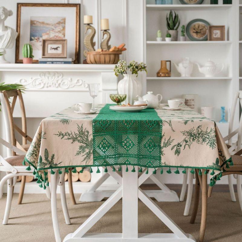 White Black Crochet Hollowed Out Patchwork Tablecloth  Lace Edge Printed Dustproof Table Cover Tassel Color Matching Table Towel