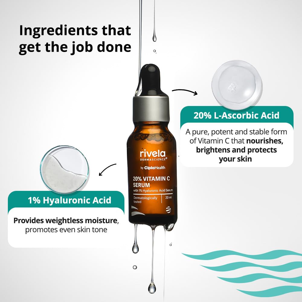 Rivela Dermascience 20% Vitamin C Serum With 1% Hyaluronic Acid For Bright, Even Skin Tone 20ml