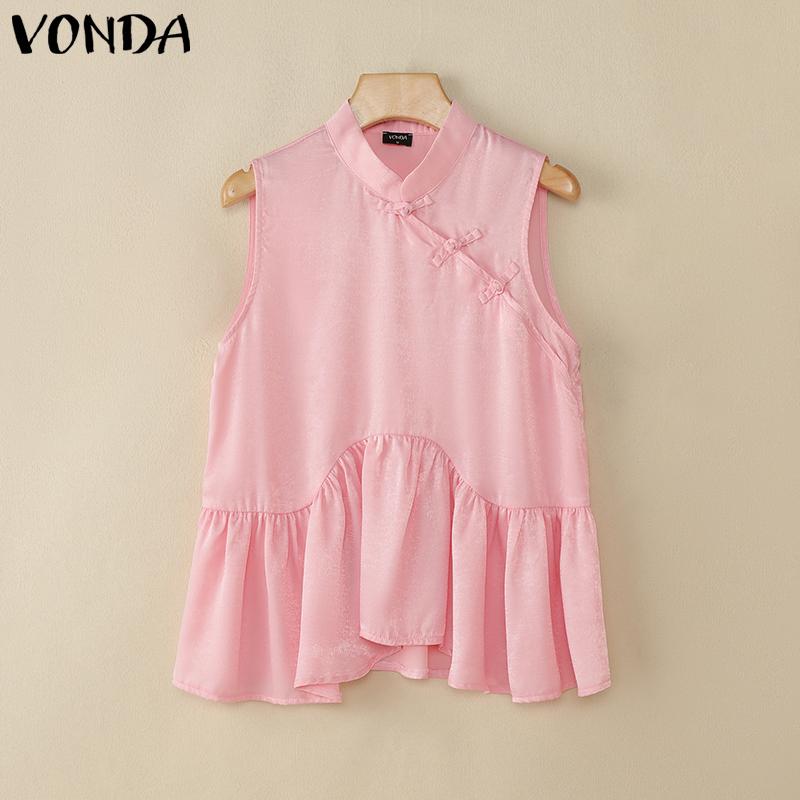 VONDA Women Chinese Style Sleeveless Irregular Ruffled Glitter Casual Tank Tops