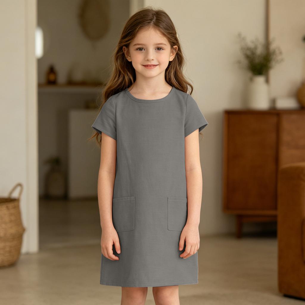 Girls Casual Dress Summer Linen Cotton Blend Short Sleeve Pockets Straight Cut Comfortable Lightweight Dress for Everyday Wear
