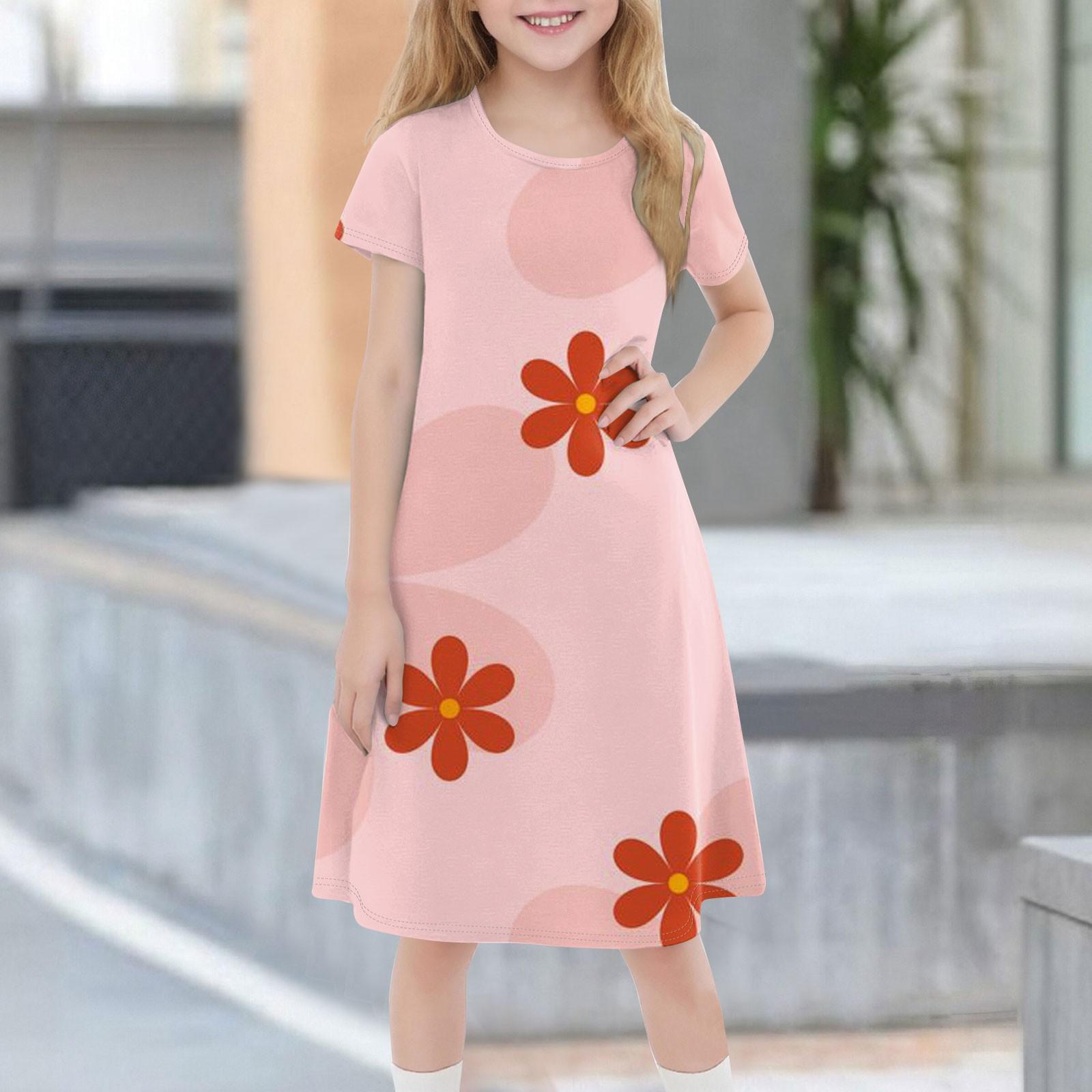 

Детское летнее повседневное модное платье с короткими рукавами и круглым вырезом 110 розовый
