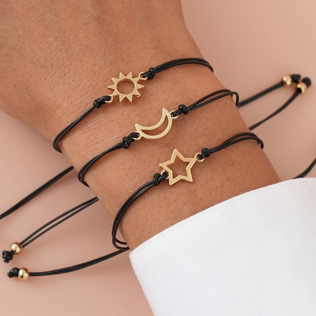 3pcs Adjustable Sun Moon Star Matching Bracelets Handmade Woven Bracelet Friendship Jewelry for Best-Friend Sister