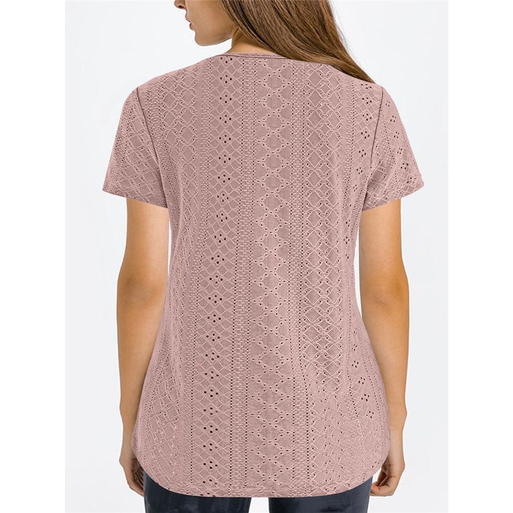 Damen Sommer T-Shirt Lässig Locker Bequem Rundhalsausschnitt Jacquard Lochmuster Kurzarm T-Shirt