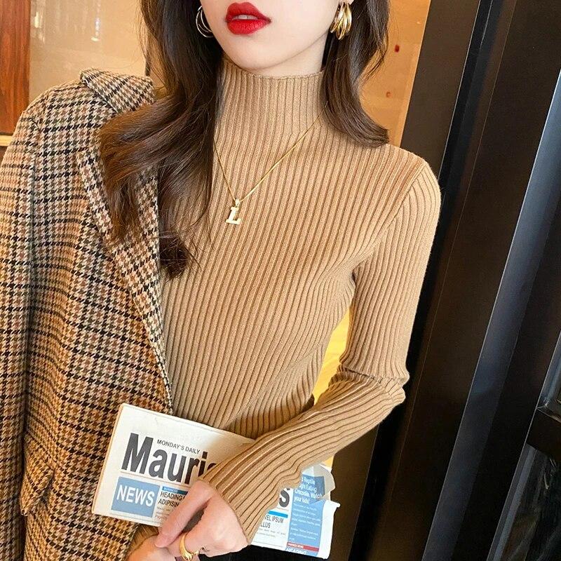 Podzimní a zimní svetr Pletený svetr s polovičním rolákem Dámské Vintage Dlouhý rukáv Spodní Dámské Topy Jumper Pull 22848