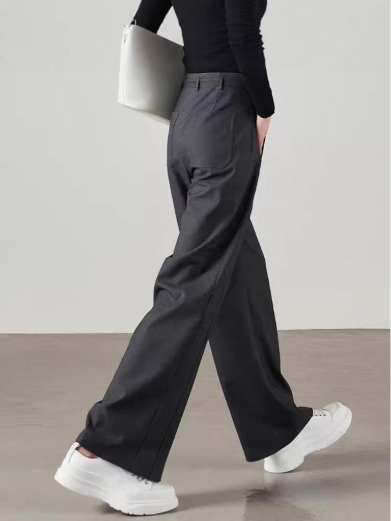2026 Women's Black Cotton High-Waisted Wide-Leg Pants - Loose, Slimming, and Floor-Length for Spring and Autumn.