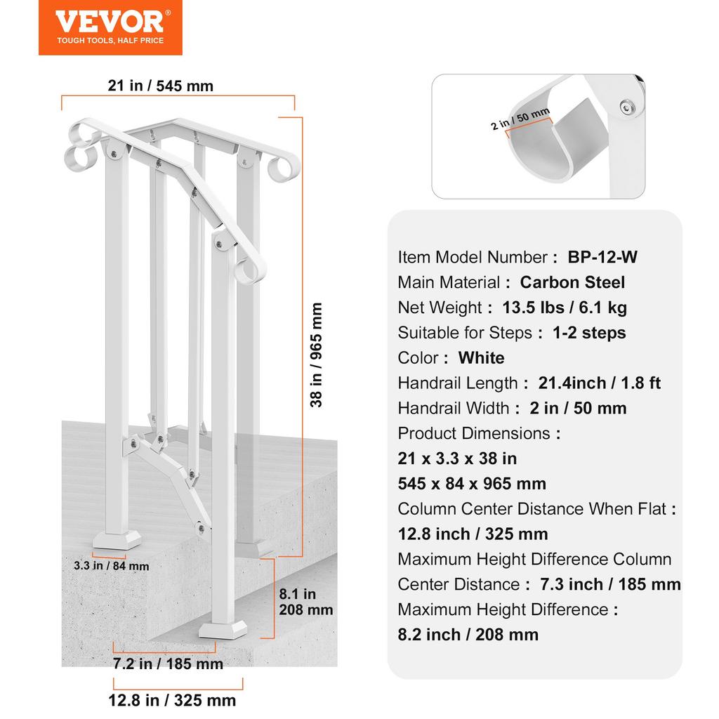VEVOR Handrails for Outdoor Steps, 1-2 Step Stair Hand Rail Kit, Transitional Carbon Steel Railings with Installation Kit, Stair Rails for Seniors