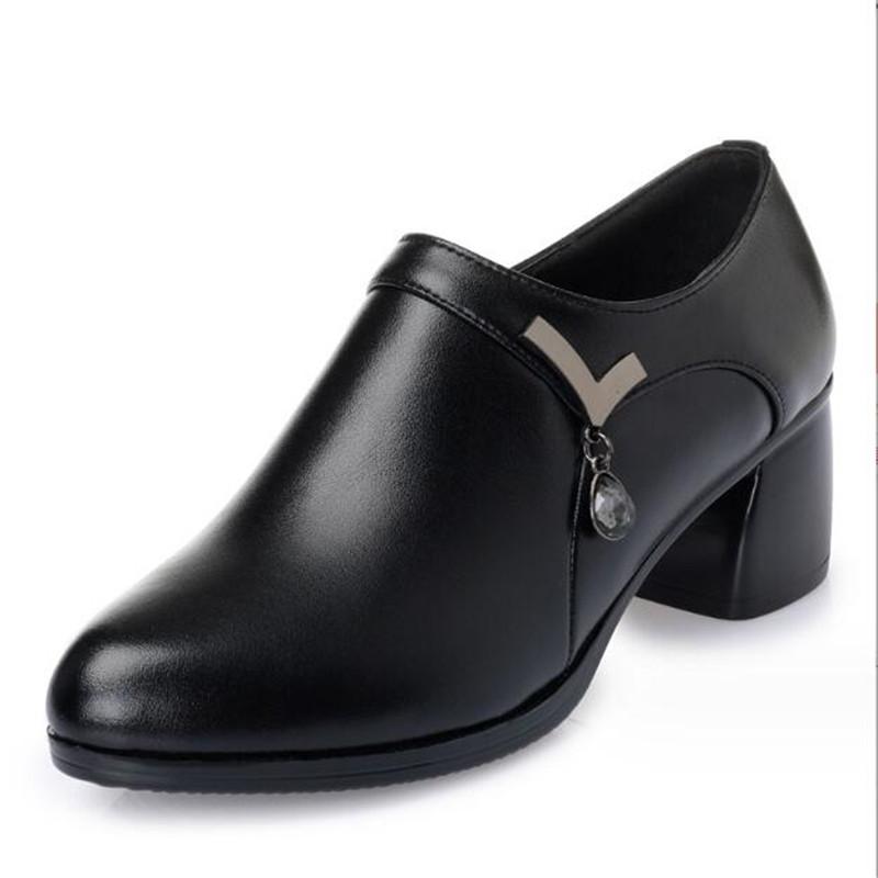 Genuine Leather Block Heel Deep Mouth Pumps Women Shoes Spring Autumn Female High Heels Shoes Ladies Office Party Shoes
