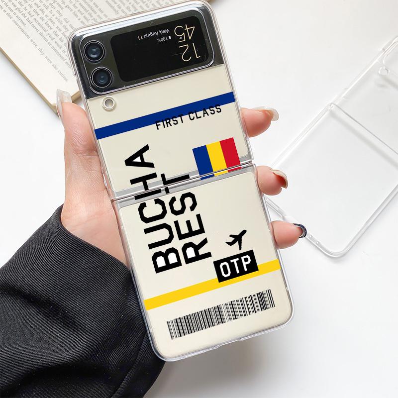 Travel New York Airplane Ticket Art Fashion Case For Samsung Galaxy Z Flip 3 4 5 6 7 Hard Folding Z Flip4 Clear PC Cover Gift