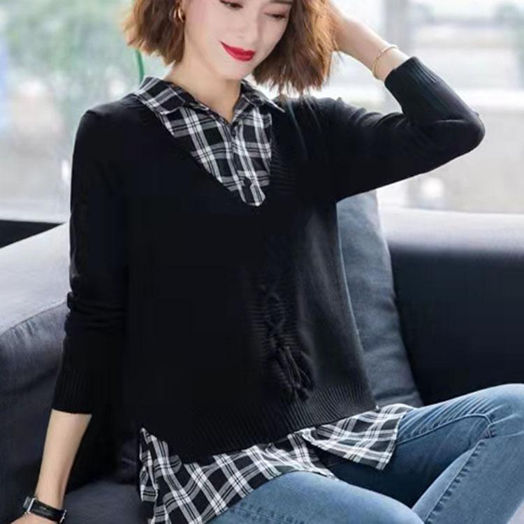 Klassischer Strickpullover für Damen mit V-Ausschnitt und Bindeband, Faux-Zweiteiler, Herbst/Winter, locker, langärmlig, Damen-Basisshirt, trendy