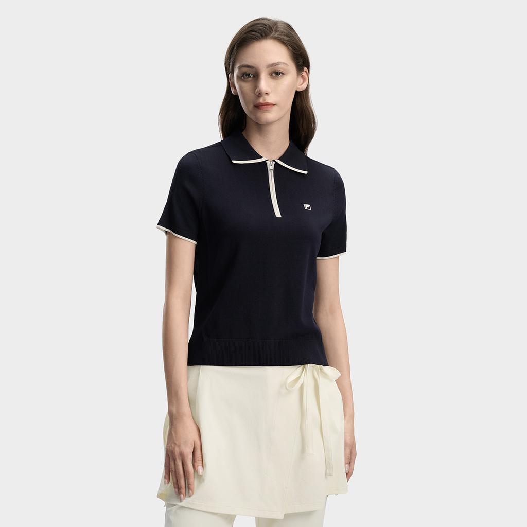 FILA White Fashion Simple Classic Retro Casual Versatile Comfortable Half-Zip Knitted Short Sleeve Sweater Women tops Legendary-Blue F11W613406FNV
