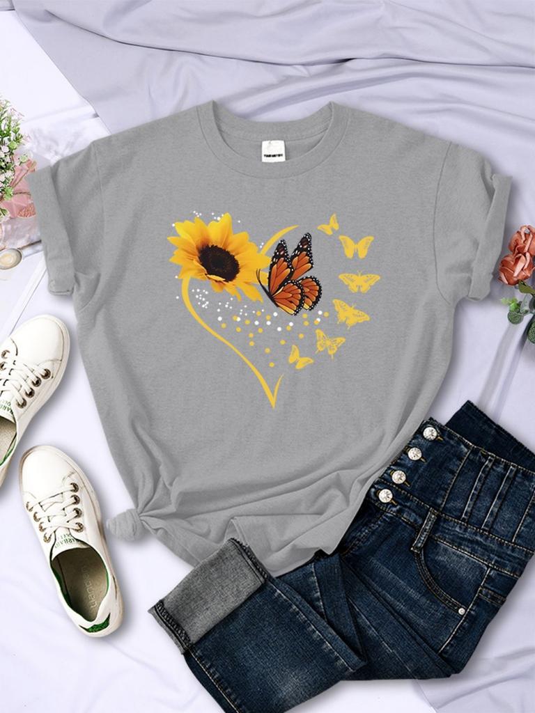 Einfache Damen T-Shirts Sonnenblumen Schmetterlinge Herz-Aufdrucke Kurzarm Bequem Weich O-Ausschnitt Oberteile Sommer Lässig Damenkleidung