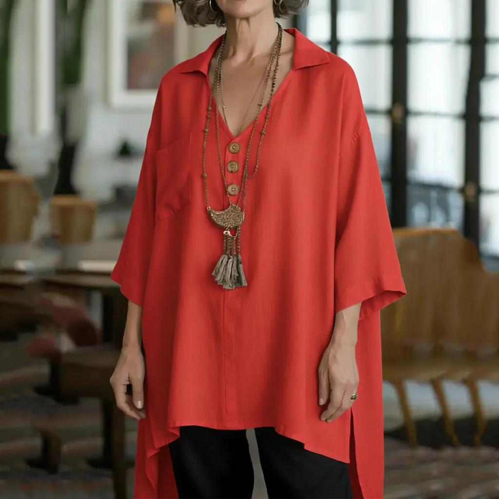 Women's Solided Color Fashion Casual Loose Button Front Short Back Long Cotton Linen Top