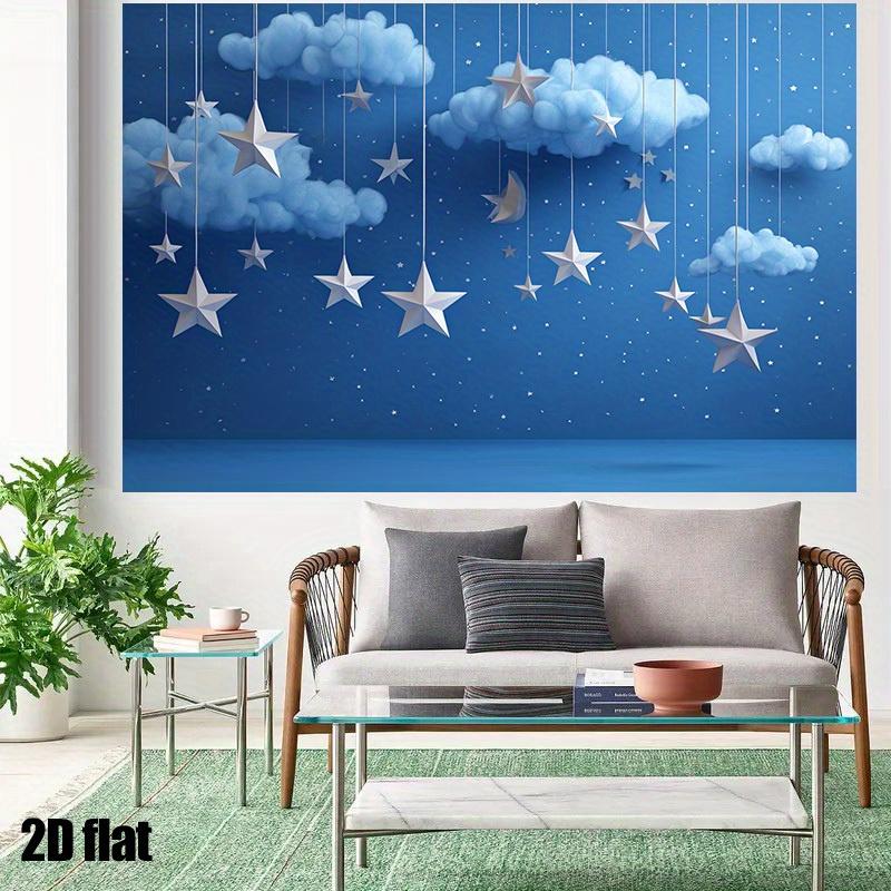 2D Plan, 1 Piece of Starry Sky and Cloud Background Cloth, Sparkling Stars - Party Decoration In Deep Blue and White Night Sky