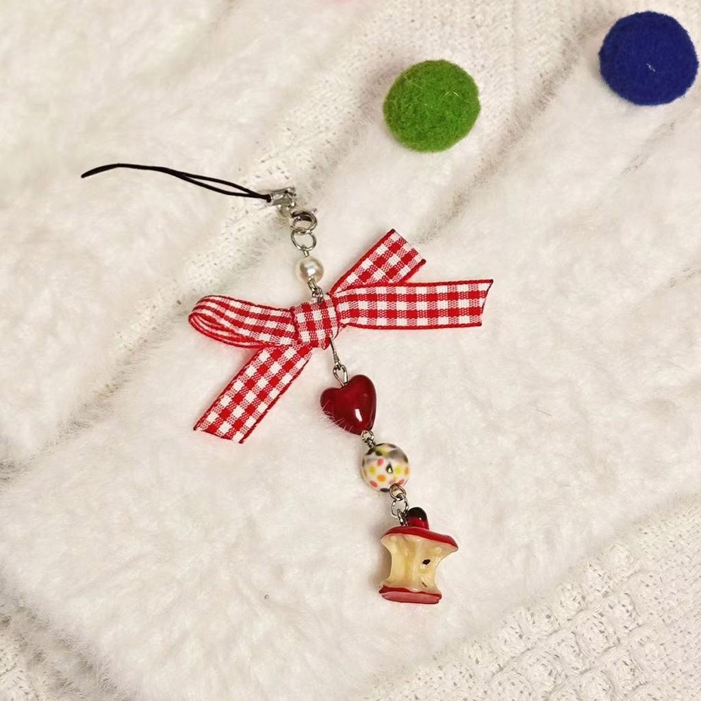 Sweet Strawberry Cube Bowknot Charm Pendant Chain Phone Strap Pocket Keychain Strap Hanging Decoration for Keys Bag