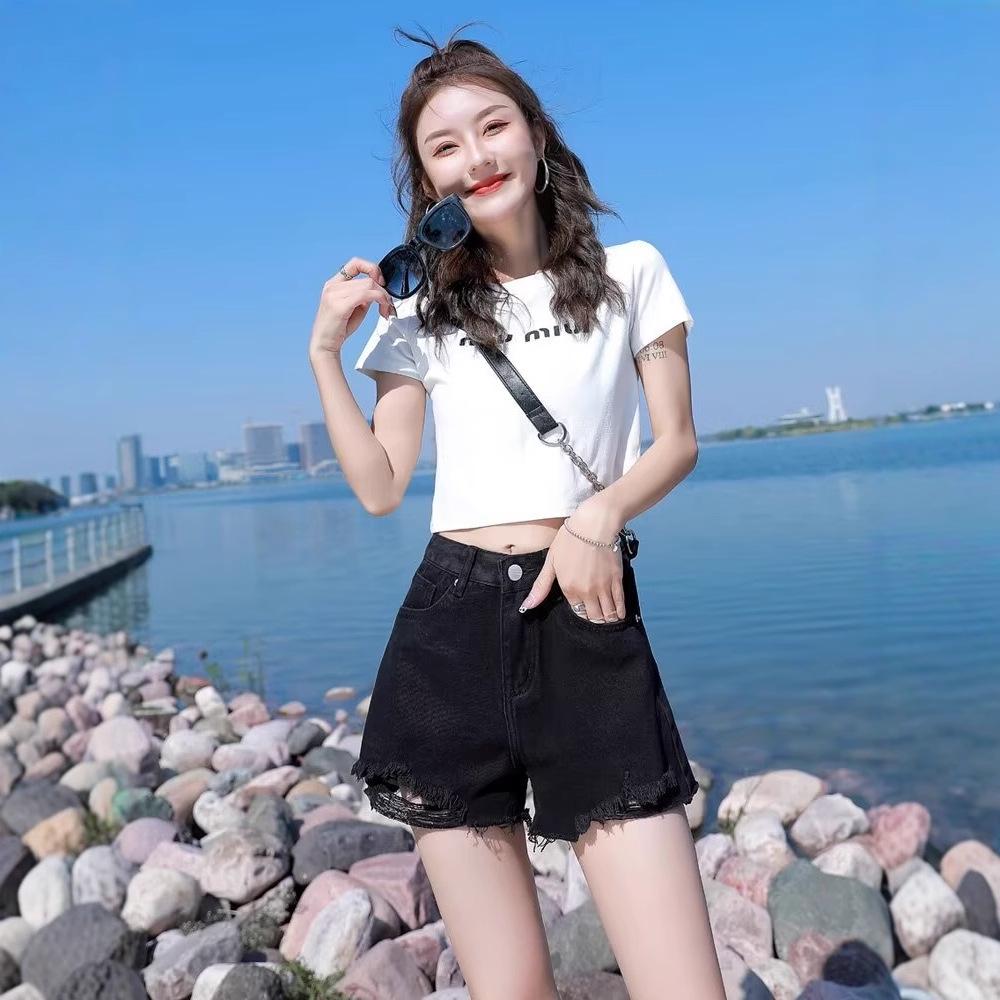 Schwarze High-Waist-Denim-Shorts - Sommer 2025 Slim Fit Locker A-Linie Fransenkante Hotpants für Damen