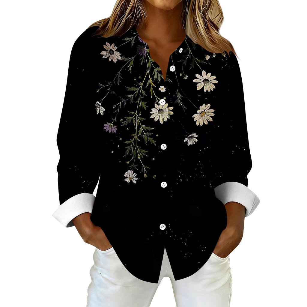 Women's Fashionable Casual Printed Long-Sleeved Button-Up Shirt