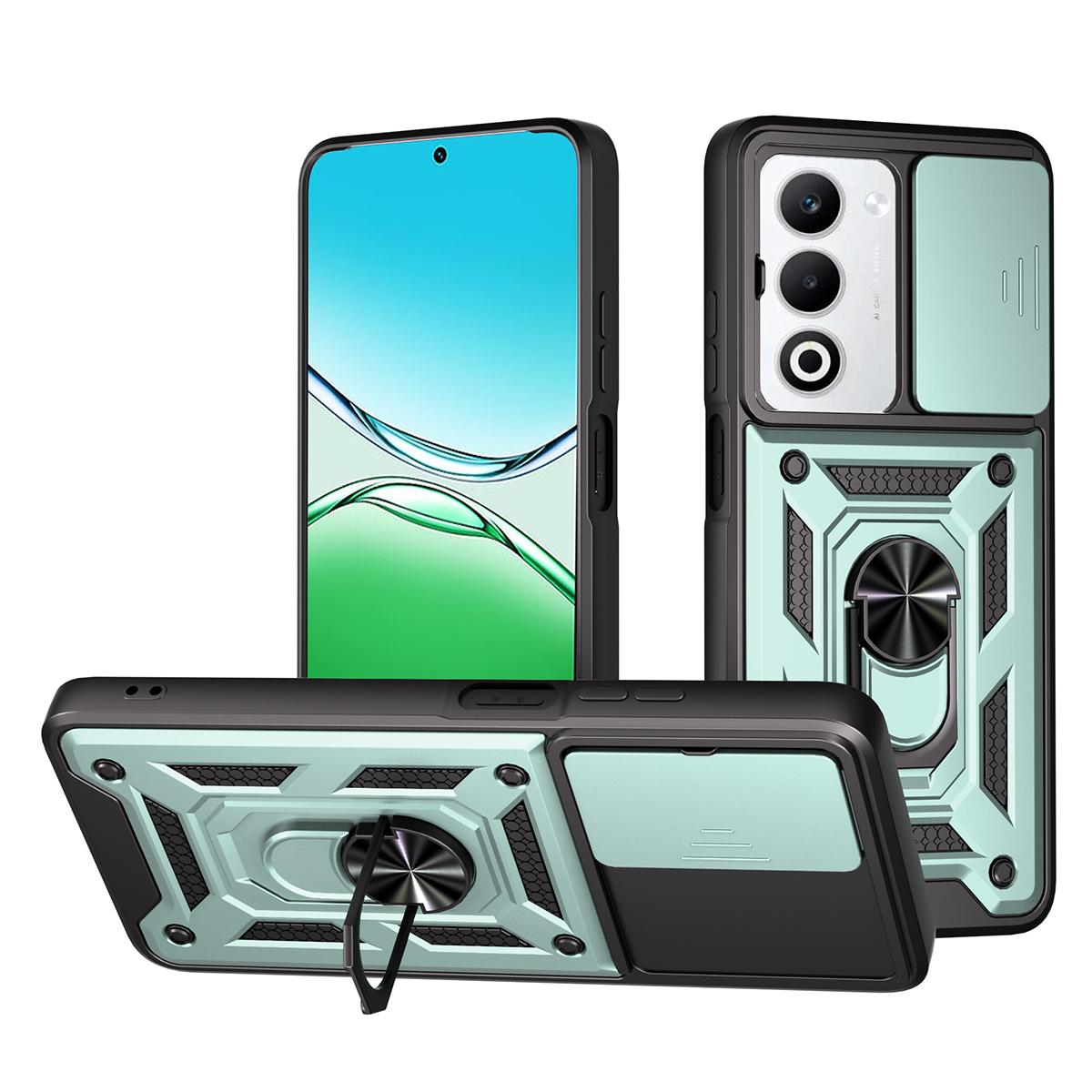 

For Oppo A5 5G Case with Slide Camera Lid PC+TPU Kickstand Phone Cover Green