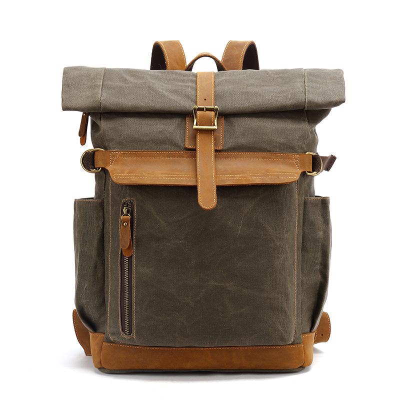 Men's Crazy Horse Leather Travel Backpack and Shoulder Bag with Waxed Canvas Laptop Compartment