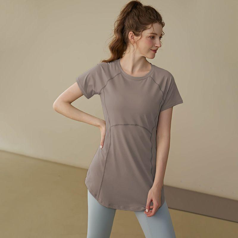 

Летняя Модная Однотонная Футболка с Круглым Вырезом Женская Приталенная для Бега Йоги Удлиненная Закрывающая Бедра Тренировочный Топ L кофейный